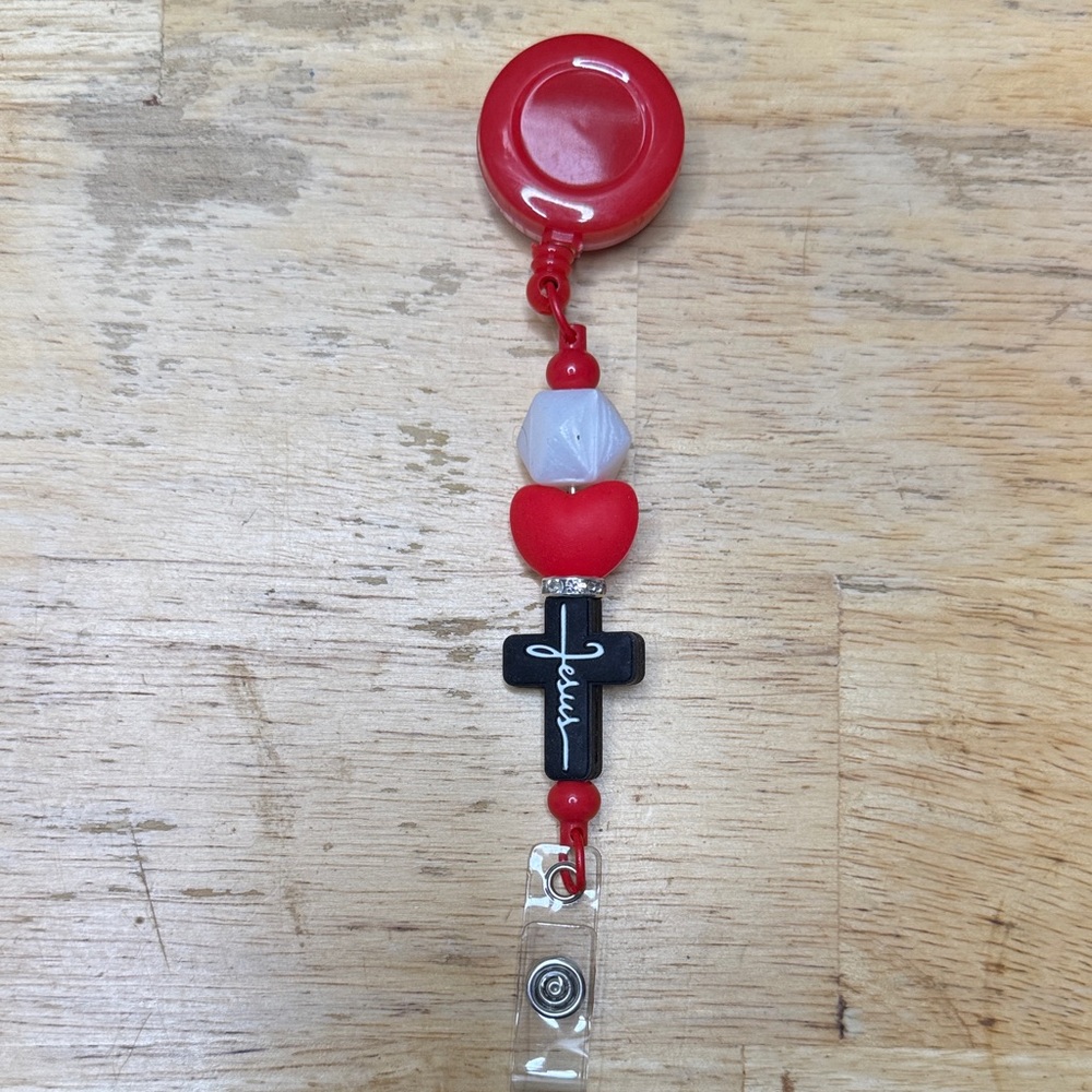 Red and Black Beaded Badge Reel